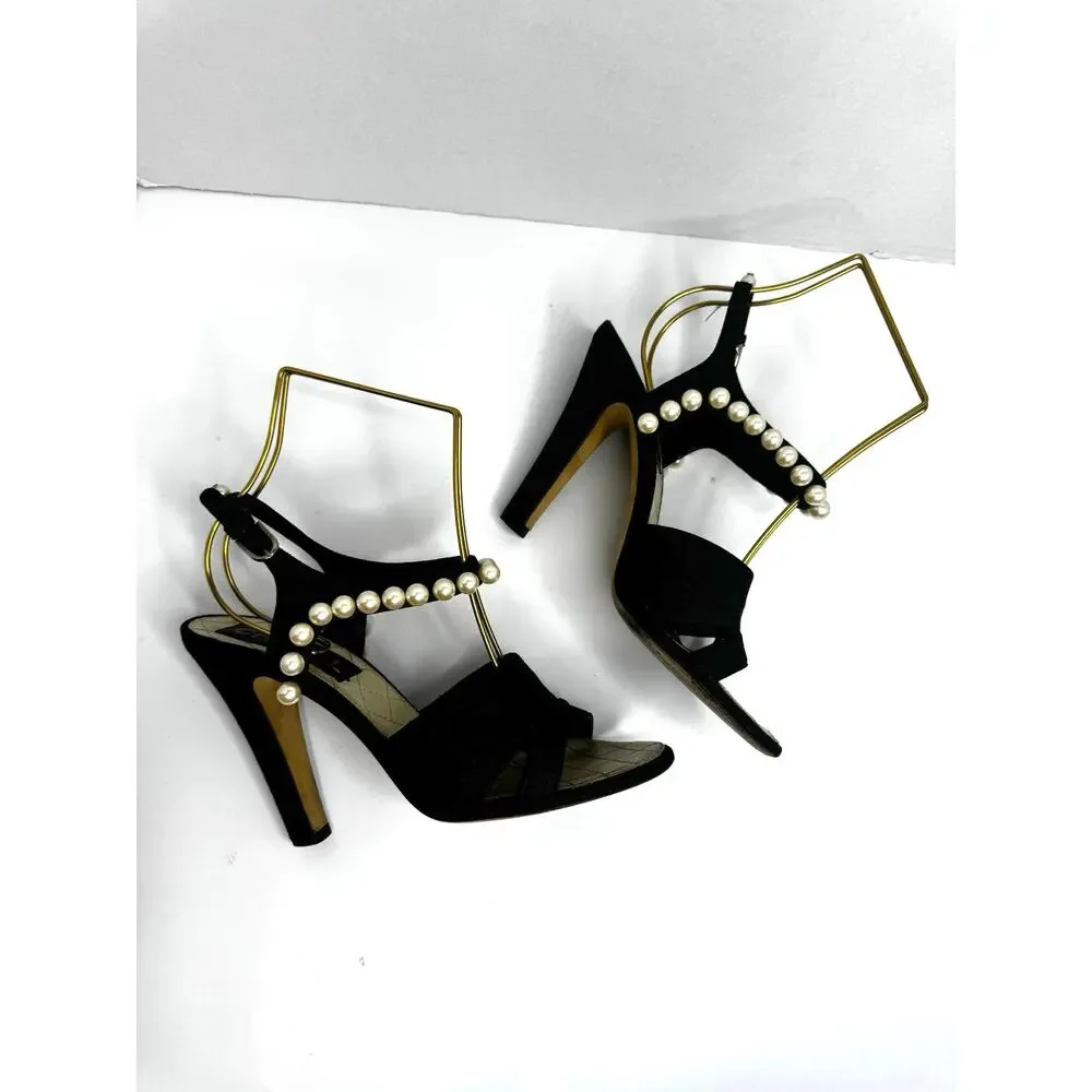 Chanel Black Grosgrain Faux Pearl Slide Sandals CC Logo EU 37.5